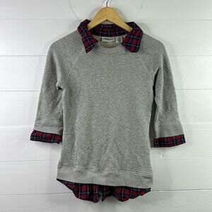 ALLISON BRITTNEY Gray Red Blue Plaid Pullover Collared Sweatshirt Top Size Small